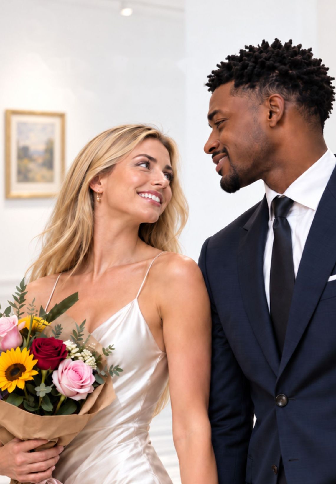 A happy couple smiling at each other